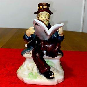 Vintage Ceramic Old Man Sitting On A Bench Reading “Racing Form” Newspaper